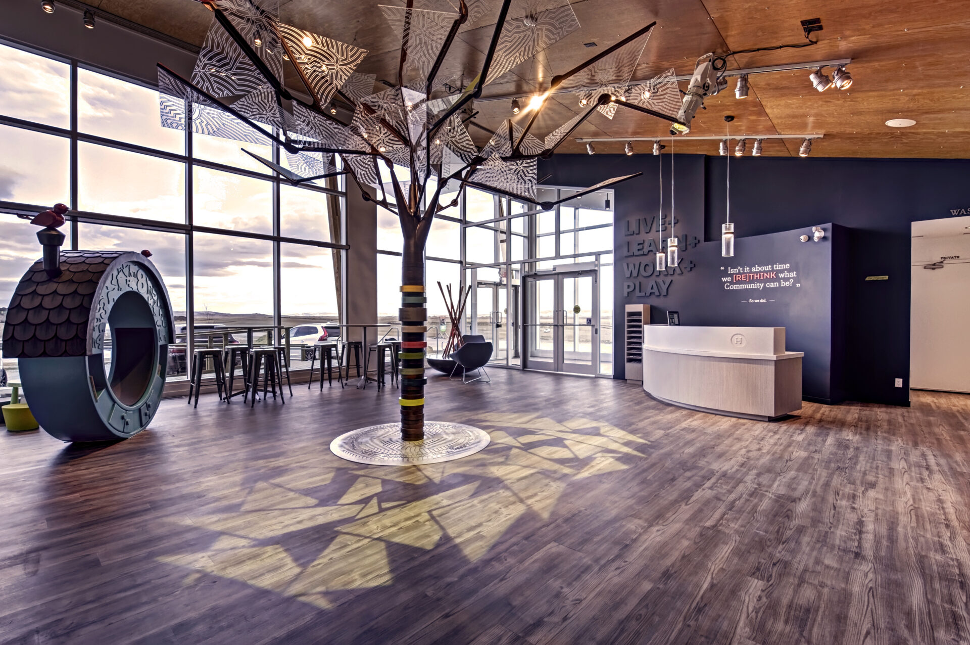 Collaborative work environment graphic with workers completing tasks infographic